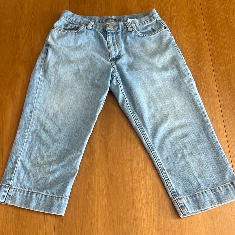 Eddie Bauer Cropped Straight Leg Jeans, Mid-Ruse, Med. Wash, Size 28 Petite